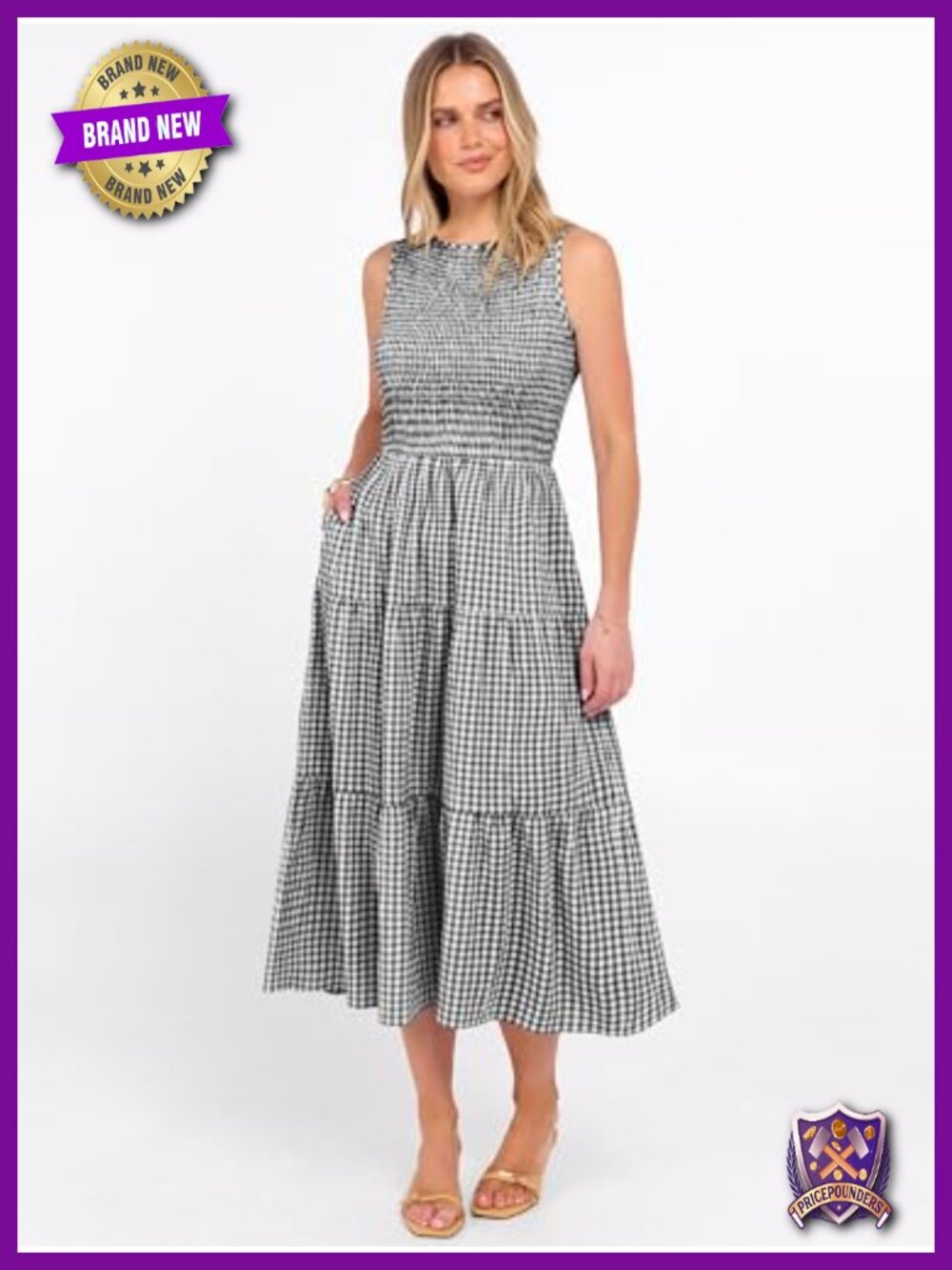 Sleeveless Crewneck Smocked Tiered Boho Maxi Dress with Pockets - Picture 3 of 6